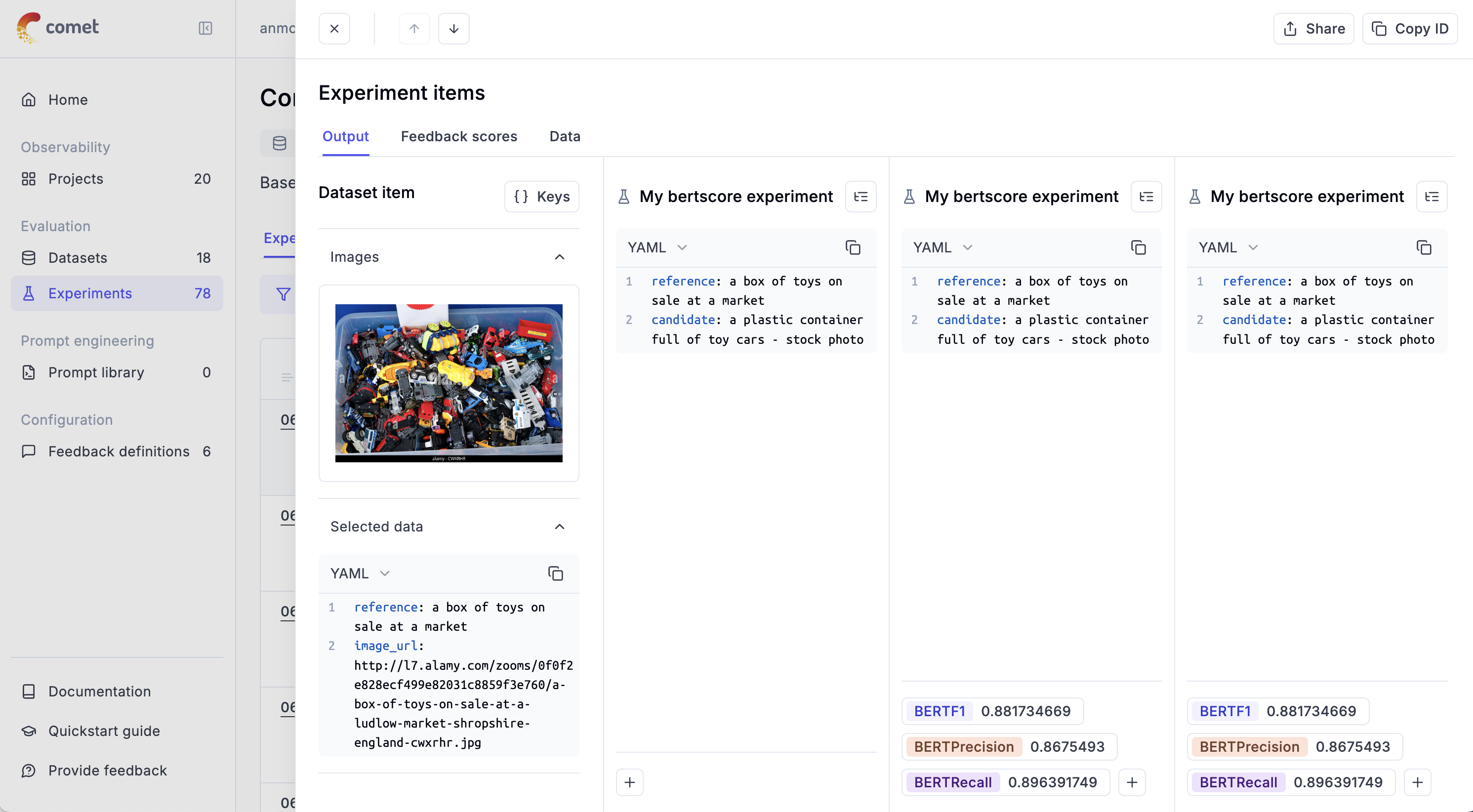 bertscore demo experiment in Comet Opik UI screenshot